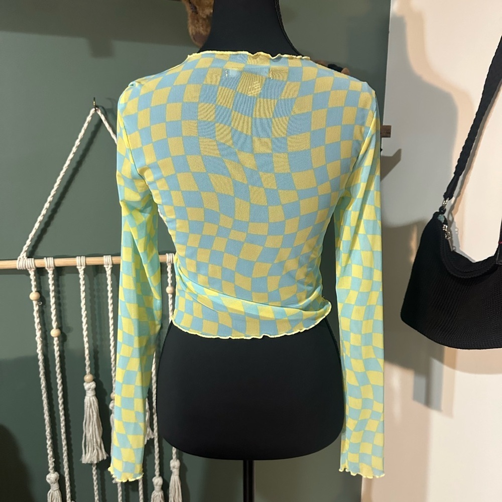 Forever 21 Sheer Yellow and Blue Checkered Retro Vibe Top Size Small - Picture 2 of 4